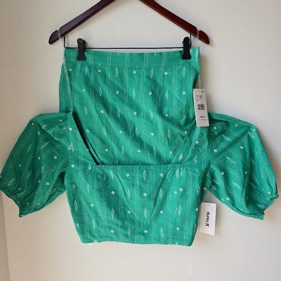 HURLEY Set Crop Top Blouse Puff Sleeve Mini Skirt Cotton Green Size L - Picture 2 of 11